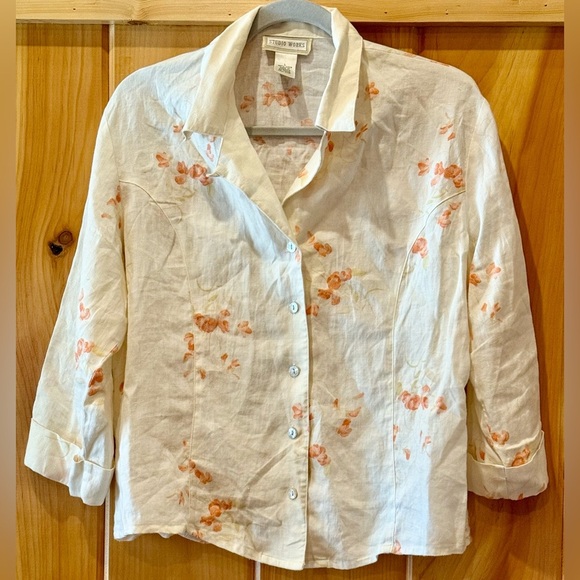 Linen Cream and Peach Floral Button-Up Blouse with Darts cuffed sleeves fitted L - Picture 1 of 7